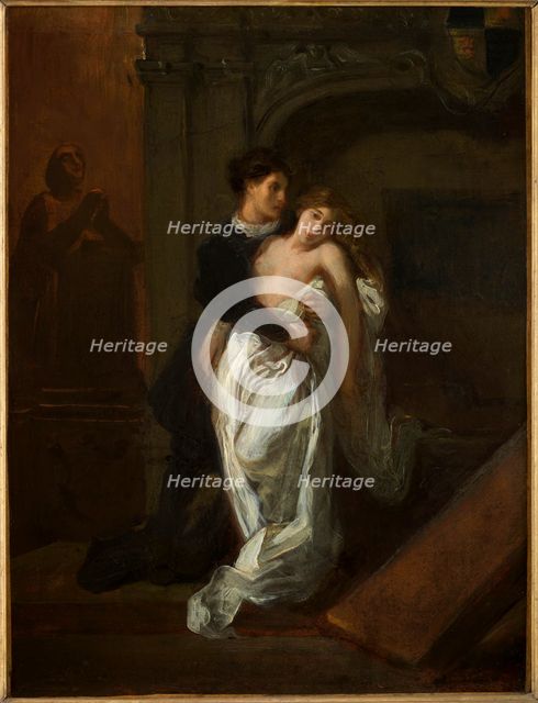 Romeo and Juliet in front of the Capulet tomb, c. 1850. Creator: Delacroix, Eugène (1798-1863).
