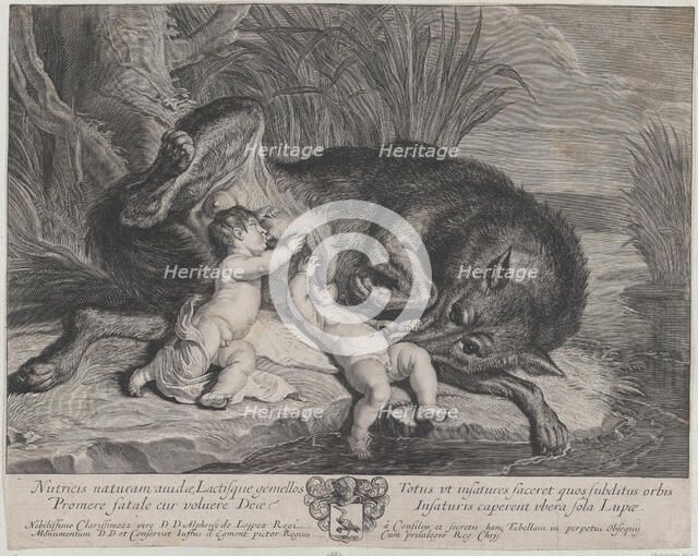 Romulus and Remus suckling the she-wolf on a riverbank, ca. 1650-75. Creator: Anon.