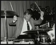 Ronnie Verrell on drums at The Fairway, Welwyn Garden City, Hertfordshire, 1991. Creator: Denis Williams