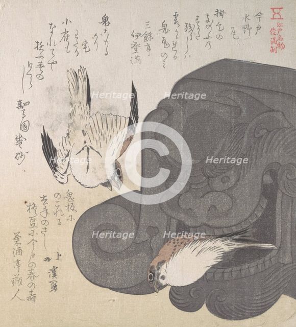 Roof Tile and Sparrows; Specialities of Mizuno in Imado, 19th century. Creator: Totoya Hokkei.