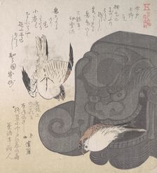 Roof Tile and Sparrows; Specialities of Mizuno in Imado, 19th century. Creator: Totoya Hokkei