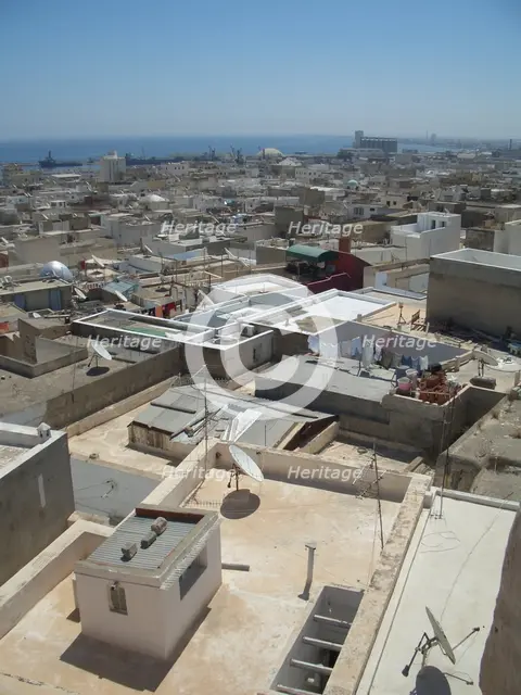 Rooftop view and Mediterranean, Sousse, Tunisia, 2009. Creator: Amanda Waite.