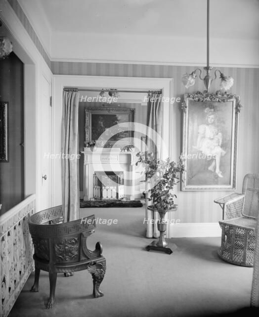 Room with painting of child, roses, and portiere, between 1900 and 1915. Creator: Unknown.