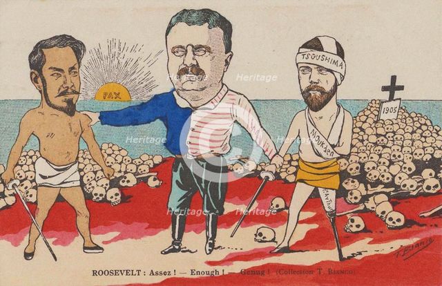 Roosevelt: "Assez! - Enough! - Genug!" A caricature on the Treaty of Portsmouth, 1905. Creator: Bianco, T. (active Early 20th cen.).