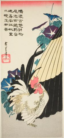 Rooster, umbrella, and morning glories, 1830s. Creator: Ando Hiroshige