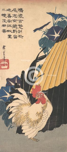 Rooster, Umbrella, and Morning Glories, ca. 1830., ca. 1830. Creator: Ando Hiroshige.