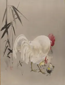 Rooster and Hen with Chicks, ca. 1887. Creator: Watanabe Seitei