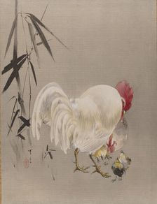 Rooster and Hen with Chicks, ca. 1887. Creator: Watanabe Seitei