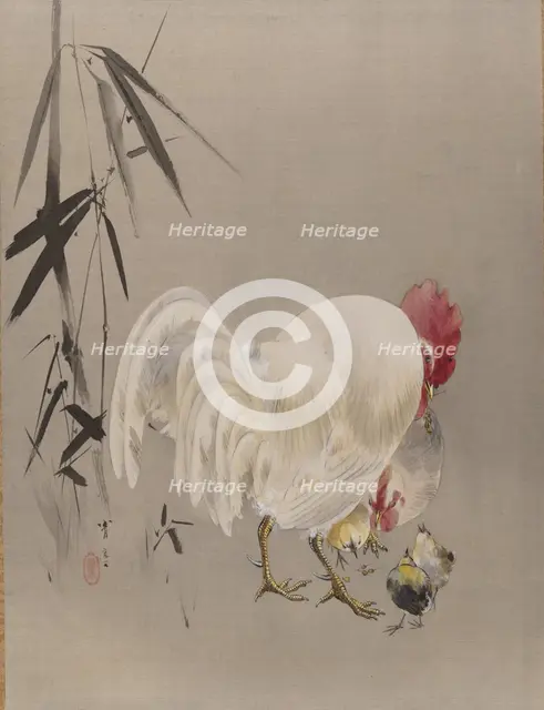 Rooster and Hen with Chicks, ca. 1887. Creator: Watanabe Seitei.