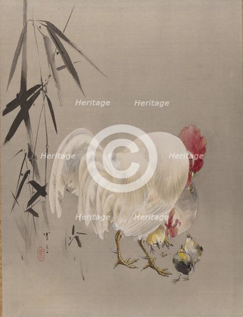 Rooster and Hen with Chicks, ca. 1887. Creator: Watanabe Seitei.