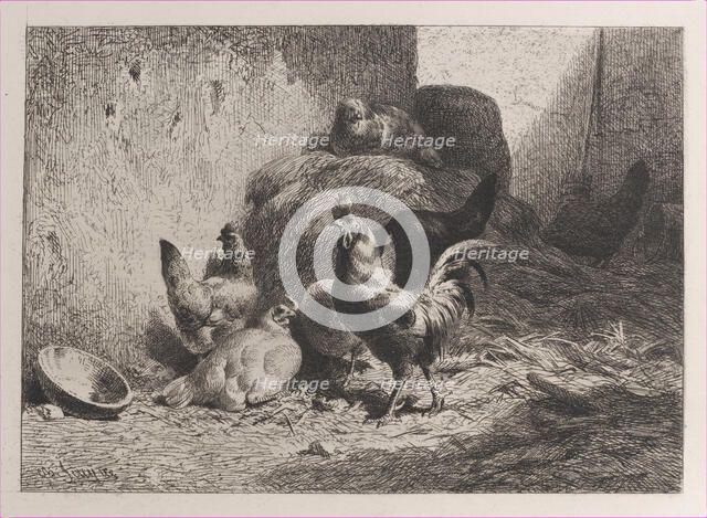 Rooster and Hens, 1864. Creator: Charles Emile Jacque.