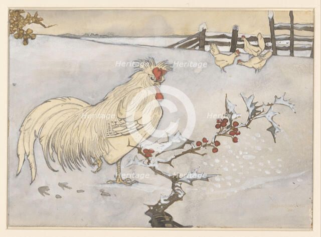 Rooster and three chickens in a snowy landscape with a branch of holly, 1906. Creator: Jan C Van der Ven.
