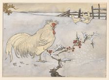 Rooster and three chickens in a snowy landscape with a branch of holly, 1906. Creator: Jan C Van der Ven
