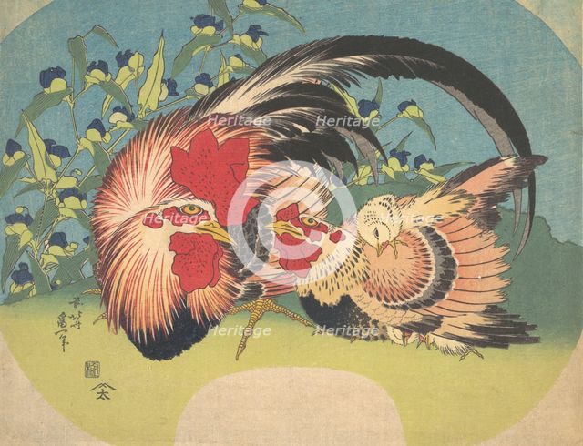 Rooster, Hen and Chicken with Spiderwort, ca. 1830-33. Creator: Hokusai.