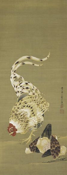 Rooster, Hen and Chickens, 1789. Creator: Jakuchu, Ito (1716-1800)