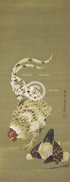 Rooster, Hen and Chickens, 1789. Creator: Jakuchu, Ito (1716-1800).