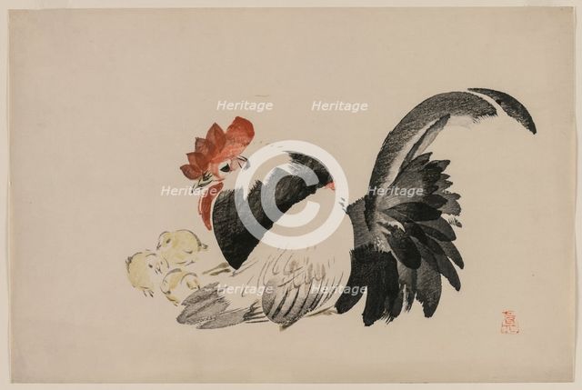 Rooster, Hen, and Chicks, c. 1880s. Creator: Shibata Zeshin (Japanese, 1807-1891).