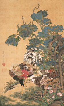 Rooster, Hen and Hydrangeas, c1755. Creator: Jakuchu, Ito (1716-1800)