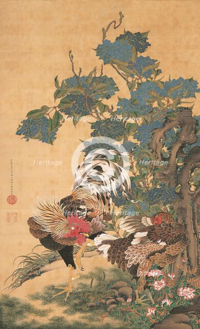 Rooster, Hen and Hydrangeas, c1755. Creator: Jakuchu, Ito (1716-1800).