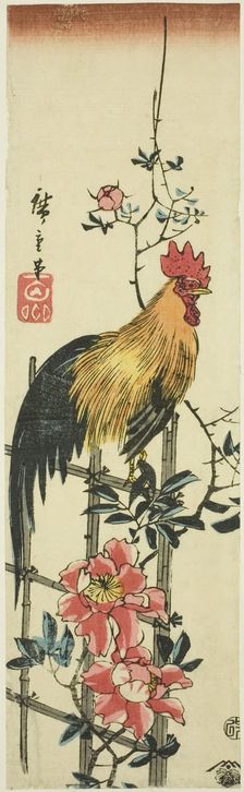 Rooster perched on rose trellis, 1854. Creator: Ando Hiroshige
