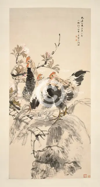 Roosters and Blossoming Apricots, Qing dynasty (1644-1911). Creator: Ren Yi.