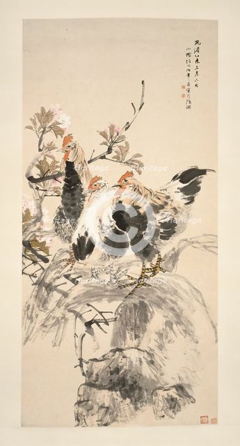 Roosters and Blossoming Apricots, Qing dynasty (1644-1911). Creator: Ren Yi.