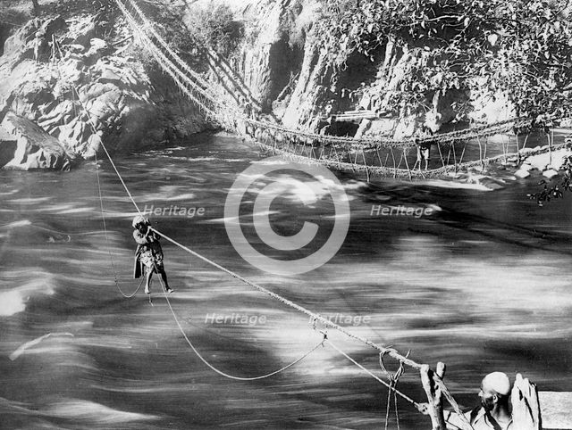 Rope bridge, Jhelum Valley, Kashmir, India, c1900.  Artist: F Bremner
