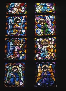 Rosassa Sanctus stained-glass window leaded in silver gray and yellow, original drawing by An…
