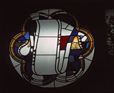 Rosassa Sanctus stained-glass window leaded in silver gray and yellow, original drawing by An…