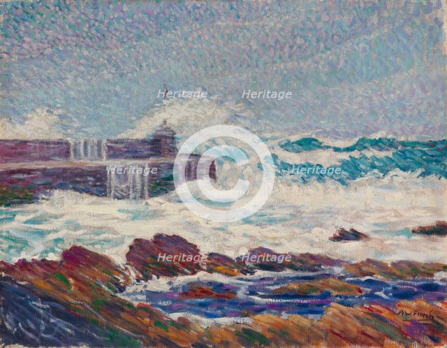 Rosehearty Pier in a storm, 1910. Creator: Alfred William Finch.