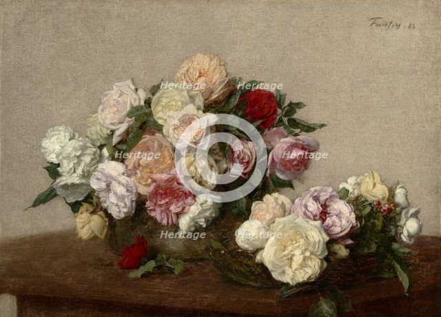 Roses In A Bowl And Dish, 1885. Creator: Henri Fantin-Latour.
