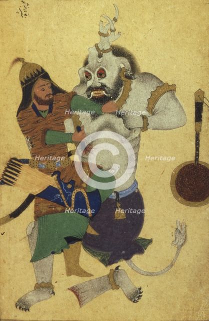 Rostam recovers the key to the stronghold of the White Demon (Manuscript illumination from the epic