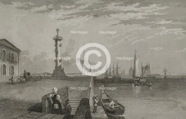 Rostral Column next to the River Neva, Saint Petersburg, Russia, 1839. Creator: Samuel Cholet.