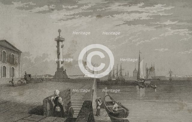 Rostral Column next to the River Neva, Saint Petersburg, Russia, 1839. Creator: Samuel Cholet.