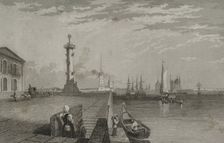 Rostral Column next to the River Neva, Saint Petersburg, Russia, 1839. Creator: Samuel Cholet