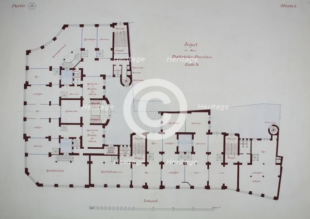 Rathskeller Neubau, Halle (Saale), Saxony-Anhalt, Germany, Mezzanine Plan, c. 1887. Creator: Peter Joseph Weber.