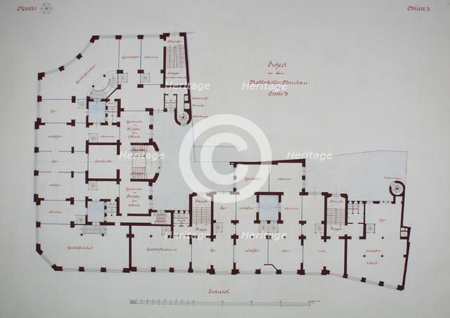 Rathskeller Neubau, Halle (Saale), Saxony-Anhalt, Germany, Mezzanine Plan, c. 1887. Creator: Peter Joseph Weber.