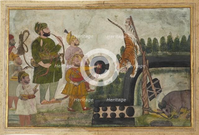Rawat Gokul Das inspects a trapped tiger, 1810-1815. Artist: Chokha.