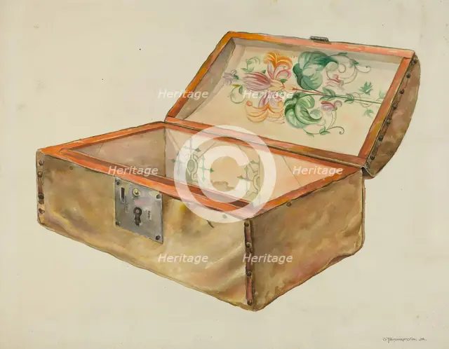 Rawhide Chest, with Lock (Inside View), 1937. Creator: Gerald Transpota.