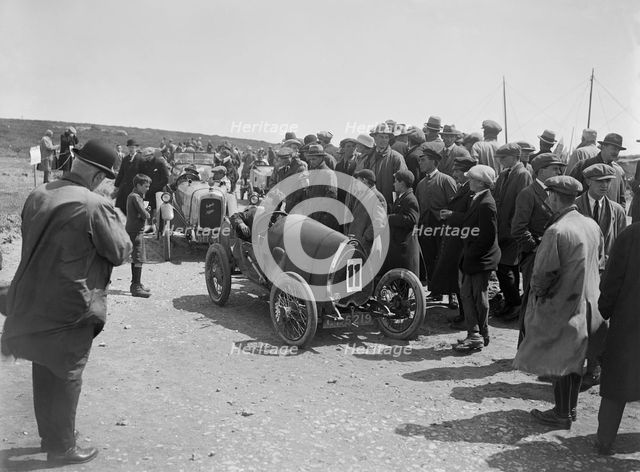 Raymond Mays' Bugatti Brescia and JS Chance's Enfield Allday, Porthcawl Speed Trials, Wales, 1922. Artist: Bill Brunell.