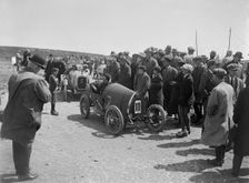 Raymond Mays Bugatti Brescia and JS Chance's Enfield Allday, Porthcawl Speed Trials, Wales, 1922. Artist: Bill Brunell