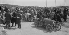 Raymond Mays Bugatti Brescia and JS Chance's Enfield Allday, Porthcawl Speed Trials, Wales, 1922. Artist: Bill Brunell