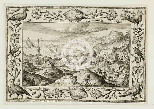 Rabbit Hunt, from Landscapes with Old and New Testament Scenes and Hunting Scenes, 1584. Creator: Adriaen Collaert.