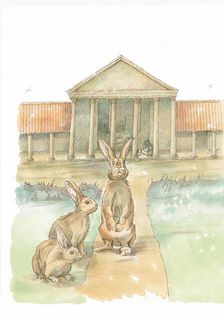 Rabbits in front of Fishbourne Roman Palace, Fishbourne, Chichester, West Sussex, 2019. Creator: Judith Dobie
