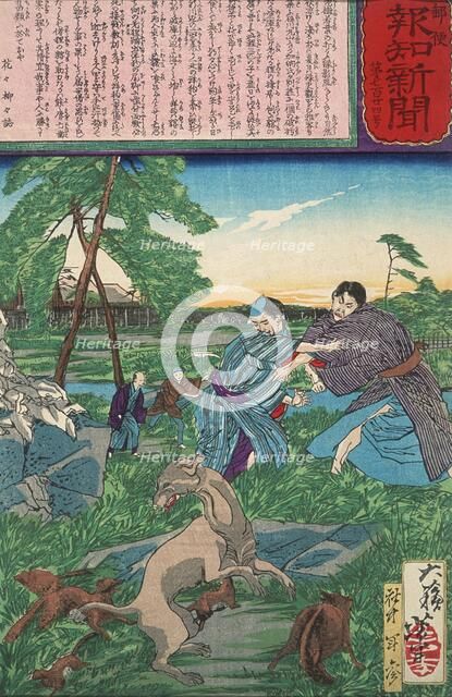 Raccoon Dog Protects Its Cubs from Attack by a Dog, c1875. Creator: Tsukioka Yoshitoshi.