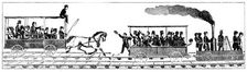 Race between Peter Cooper's locomotive Tom Thumb and a horse-drawn railway carriage, 1829