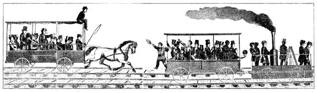 Race between Peter Cooper's locomotive 'Tom Thumb' and a horse-drawn railway carriage, 1829. Artist: Unknown