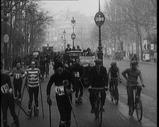 Racers Skiing Through Paris, France on Wheeled Skis, 1929. Creator: British Pathe Ltd