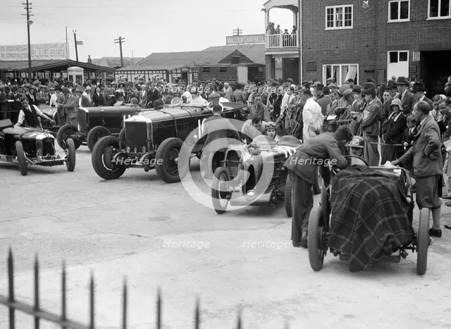 Racing cars at Brooklands. Artist: Bill Brunell.