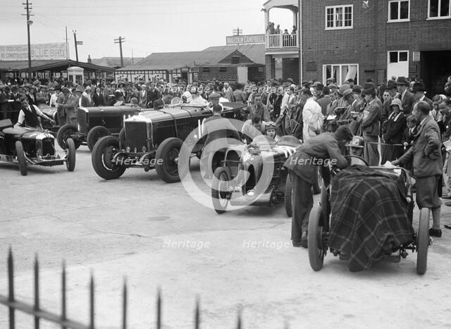 Racing cars at Brooklands. Artist: Bill Brunell.